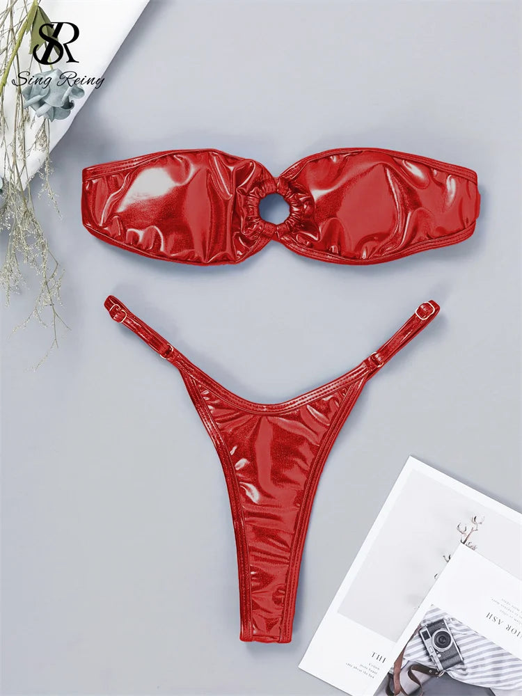 Sensual Shiny Solid Bikini Sets Female Lace Up Strapless Swimsuits Set
