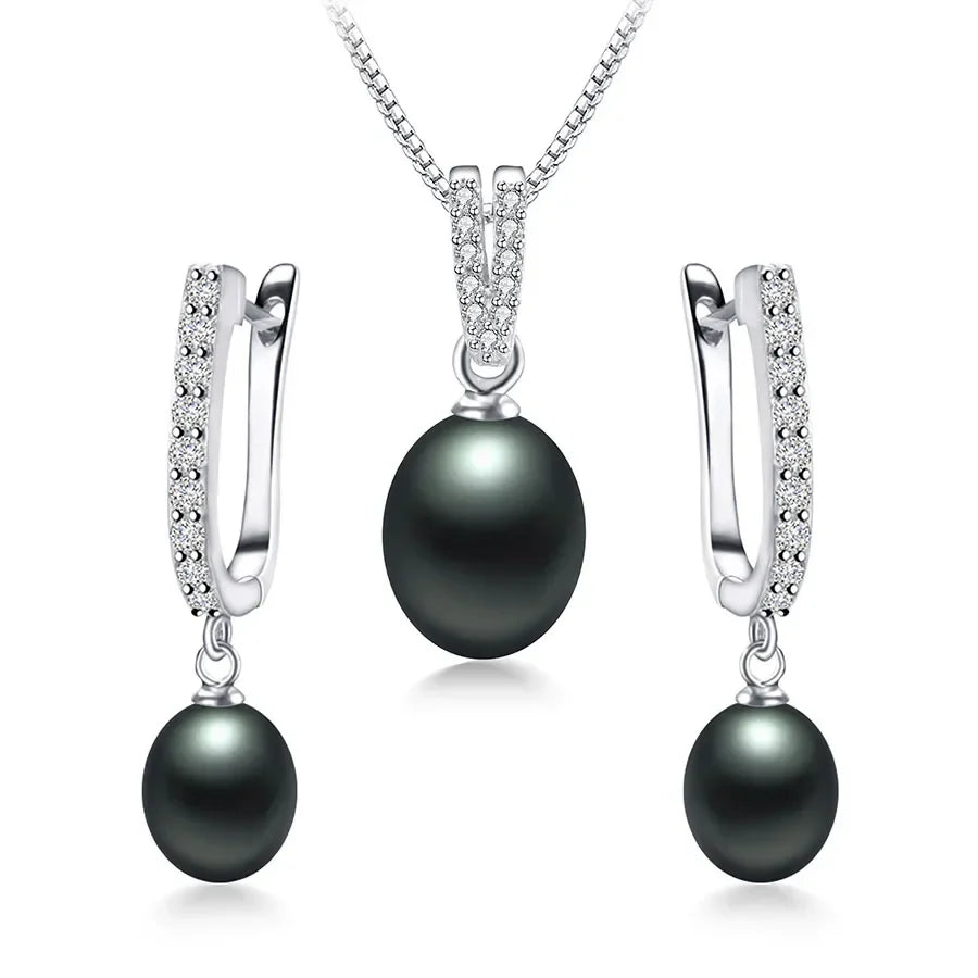 YWYC Horseshoe 8-9mm Rice Freshwater Pearl Earrings&Necklaces Jewelry Set for Women 925 Sterling Silver 45cm Pendant Necklace