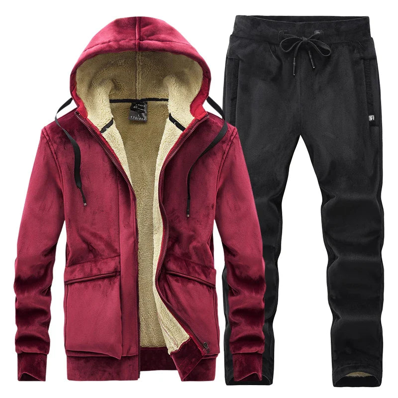 Mens Fleece Warm Tracksuit Male Winter Warm Hooded Fashion Sets Mens Hoodies + Pants Sportswear Sets WinterThick Set