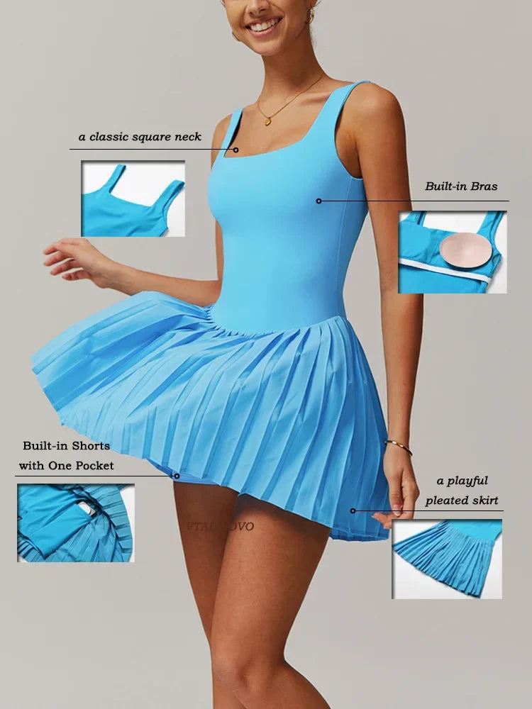 VITALINOVO Workout Tennis Dress with Built in Shorts Square Neck Padded Workout Dress with Pockets Golf Athletic Mini Dresses