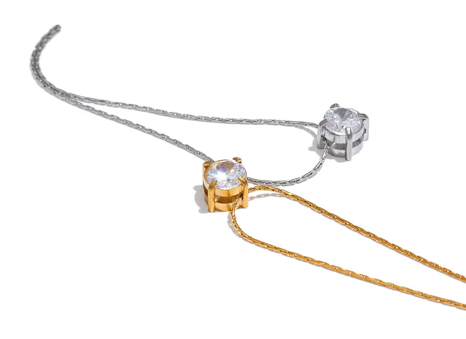Yhpup Korean Chic Stainless Steel Shiny Cubic Zirconia Cast Delicate Necklace Pendant for Women Daily Waterproof Basic Jewelry