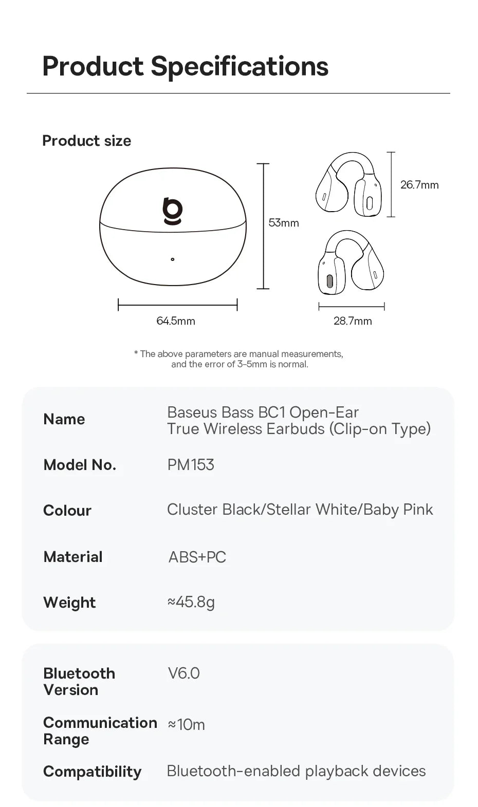 Baseus BC1 Ear Clip Earbuds Open Ear Wireless Earphones Bluetooth 6.0 Clip On Sports Headphones 4-Mics Super Bass IP55 Ear buds