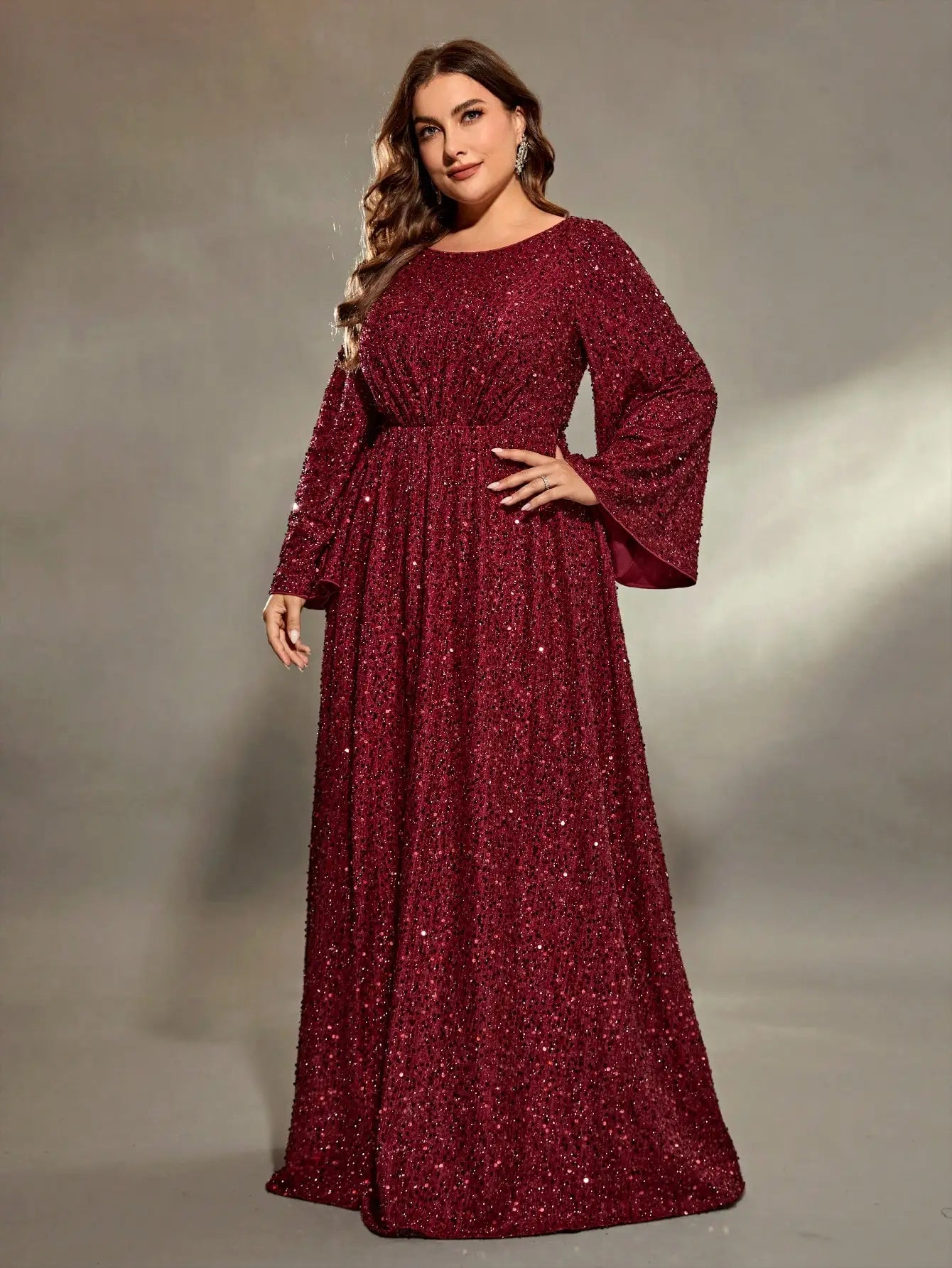 Mgiacy  plus size  Round neck flared sleeves bust pleated sequins A full skirt Evening gown PROM dress Party dress