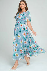 Plus Size Dress Summer Floral Print Chiffon Long Dress Women Blue Short Sleeve