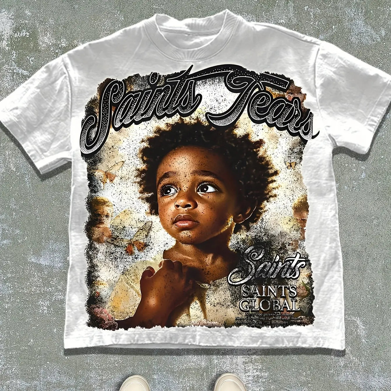 Men's Saints Tears Graphic T-Shirt Heavyweight 180gsm Cotton Streetwear Tee Relaxed Fit Crewneck Shirt for Hip-Hop Church Events