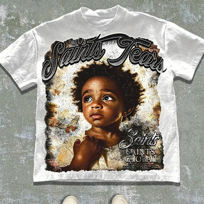 Men's Saints Tears Graphic T-Shirt Heavyweight 180gsm Cotton Streetwear Tee Relaxed Fit Crewneck Shirt for Hip-Hop Church Events