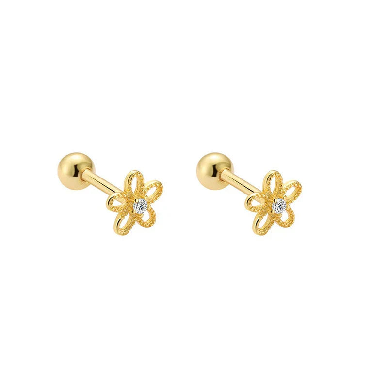 WANTME 925 Sterling Silver Fashion Simple Golden Flower Beads Small Stud Earrings for Women Teen Piercing Jewelry Accessories