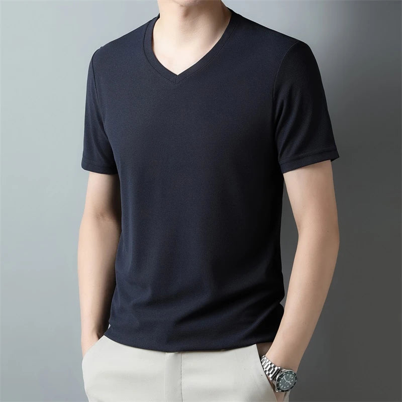2024 Men's New Waffle V Neck Short Sleeved T-shirt Summer Comfortable Top