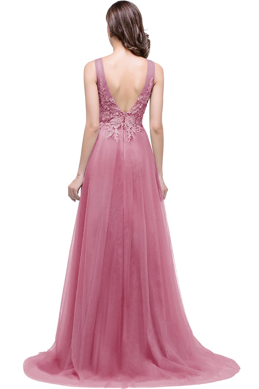 Dusty Rose Women Chiffon Long Evening Dresses With Appliques Elegant Lace Tulle Formal Wedding Party Prom Gowns Robe De Soiree