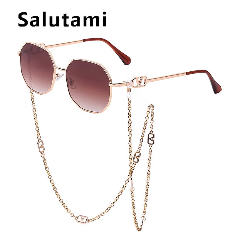 Sunglass Women Fashion Brand Alloy Small Gradient Sunglasses Chain Lady