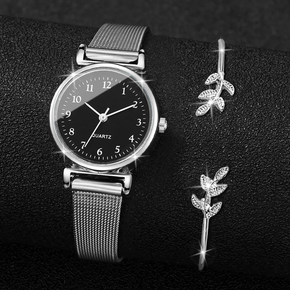 2PCS Fashion Women Quartz Watch Steel Mesh Band Watches Opening Cuff Bracelet Bangle Set（Without Box）