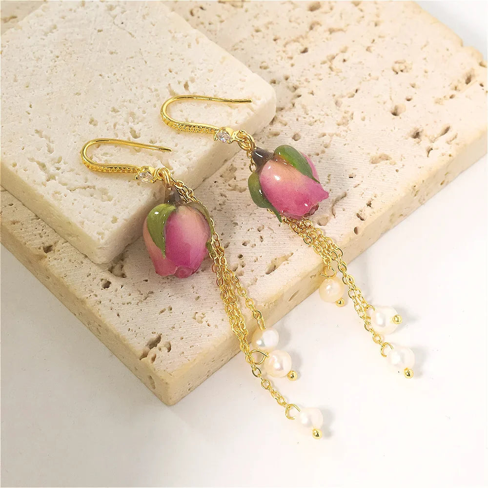 Natural Freshwater Pearl Enamel Resin Flower Earrings Korean Style Women's Luxury Vintage Jewelry Fashion Ladies and Girls Gift