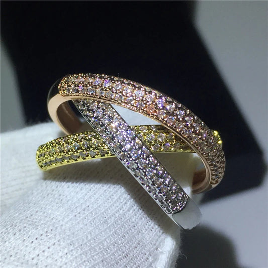 Triple Circles Gold/Rose Gold/Silver Ring Three Colors Luxury Jewelry Silver Color Pave CZ Ring Women Wedding Finger Rings Gift