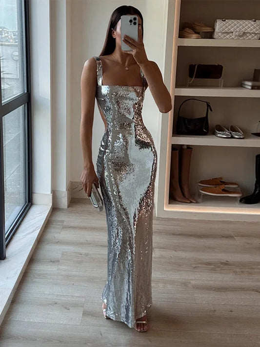 Sling Backless Silvery Maxi Dresses For Women Fashion High Waist