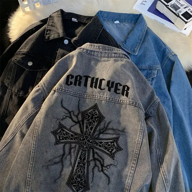 Cross Letter Printed Denim Jacket Man Woman American High Street Spring Lapel  Coats