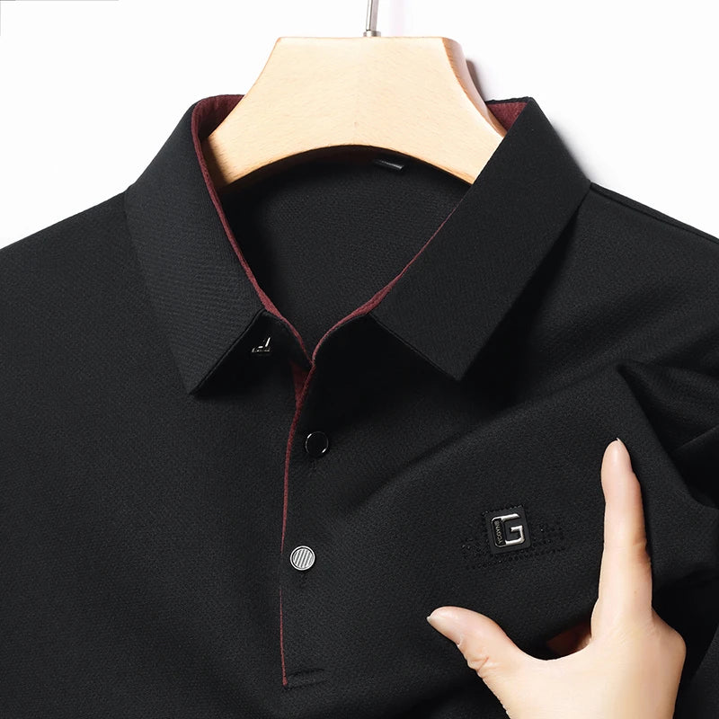 New Men's Business Casual Short Sleeved Shirt with Badge Solid Color Polo Shirt Fashionable Breathable Comfortable Versatile Top