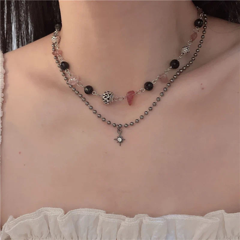 2 Pcs Vintage Peace Buckle Pendant Necklaces Natural Stone Beads Chains Choker Necklace Set Women Men Chinese Style Jewelry