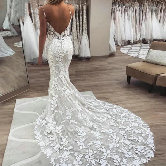 Boho Lace Appliques Wedding Dress Mermaid Bridal Dresses