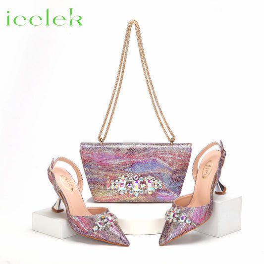 2024 Newest INS Style Colorful Elegant High Heels Nigeria Popular Design African Ladies Shoes And Bag Set for Wedding Party