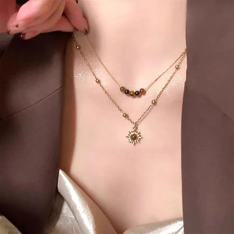 Vintage Leather Brown Stone Pendant Necklace Women's Retro Stacking Choker Temperament Clavicle Chain Hip Hop Jewelry Accessory
