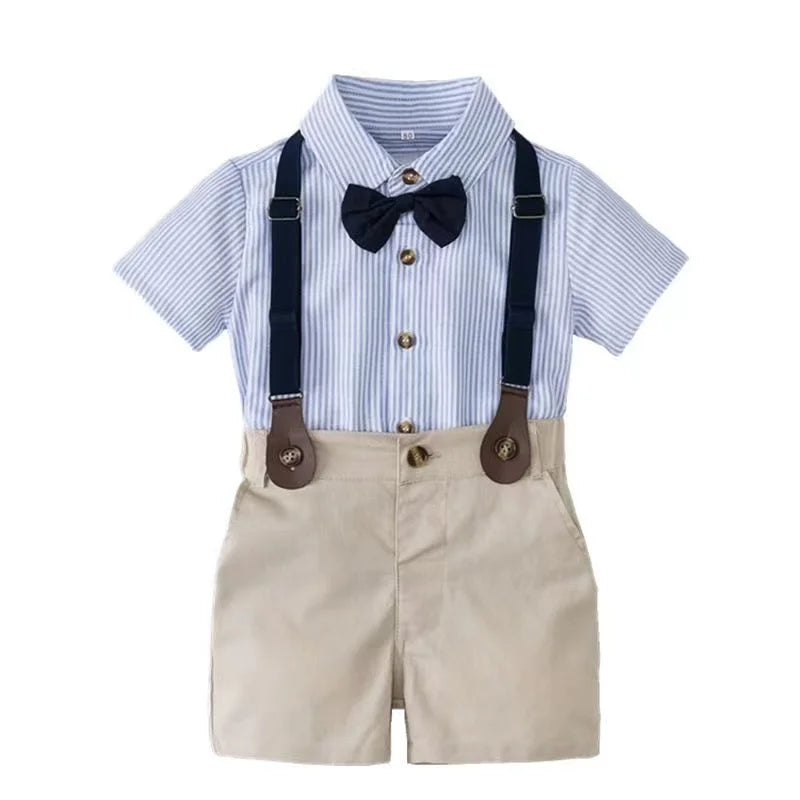 New Summer Kids Boy's Clothes Suits Children Blue Striped Shirt Bib Shorts 2Pcs/Set Gentleman Toddler Baby Tracksuits 0-5 Years