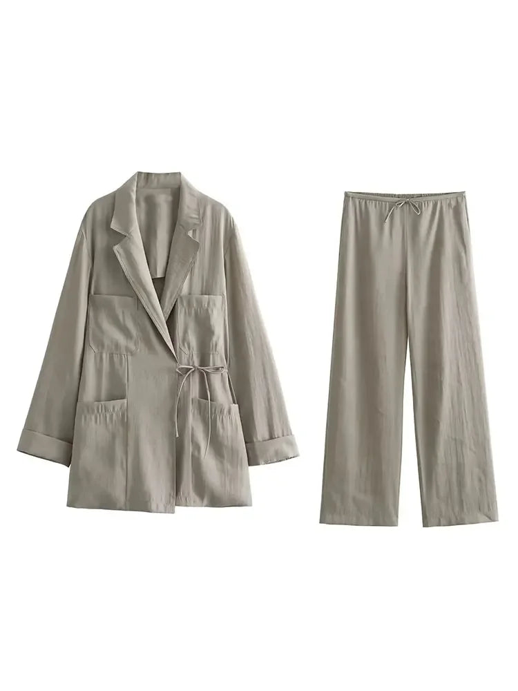 Casual Women Solid loose Blazer Set elegant Lady Lapel Lace Up Long Sleeve