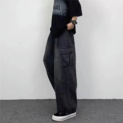 Vintage Wide Leg Big Pocket Overalls Men Y2K Neutral Loose Straight Leg Casual