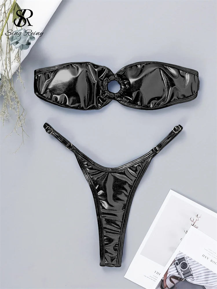 Sensual Shiny Solid Bikini Sets Female Lace Up Strapless Swimsuits Set