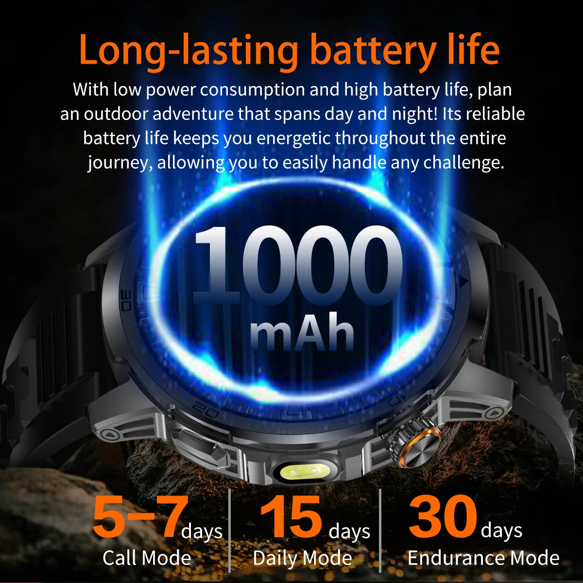 1000mAh Super Large Battery Military Smart Watch BT Call LED Flashlight SOS Alarm 5ATM Waterproof Outdoor Tactical Watches Men