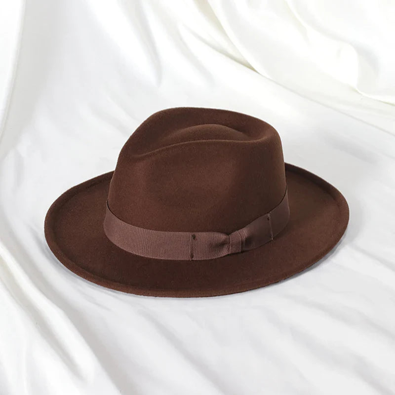 2022 New Fashion Men Fedoras Hat Women's Jazz Hat with Bow Tie Elegant Spring Black Woolen Blend Cap Outdoor Casual Felt Hat