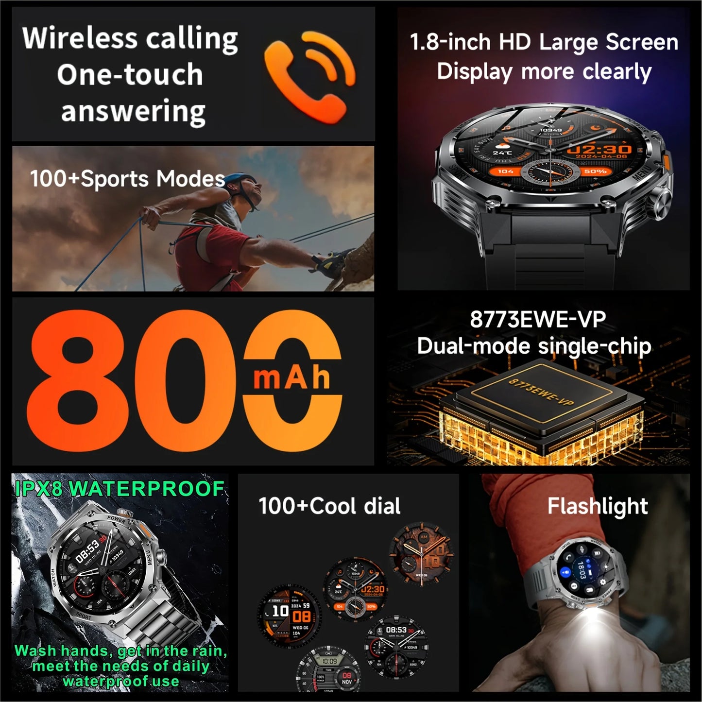 Rugged Outdoor Sports AK82 Smartwatch 1.85" HD Touchscreen 800mAh Long Battery Life Fitness Tracker Calorie Distance Smart Watch