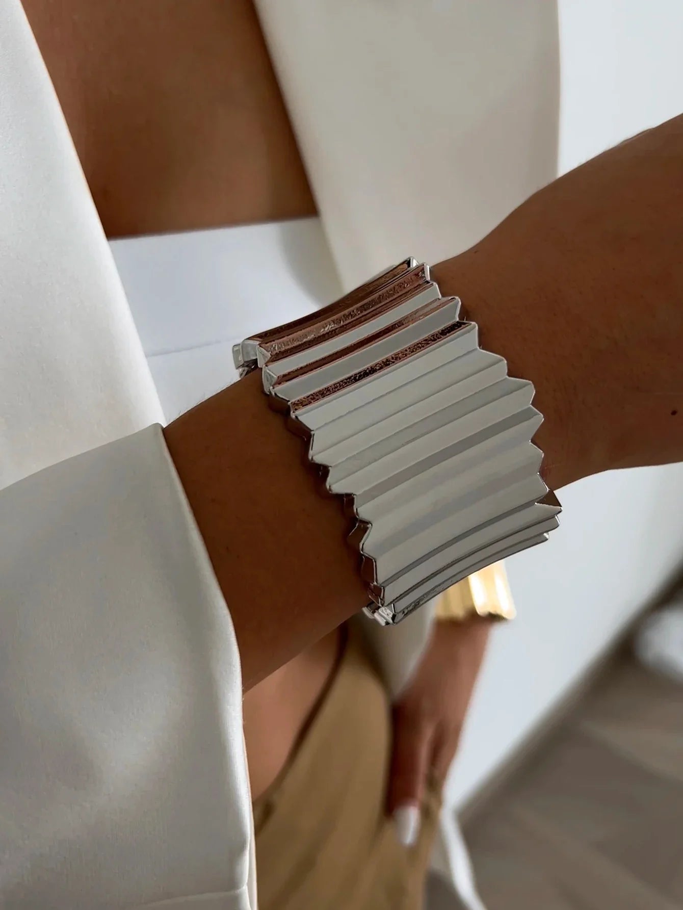 KunJoe Fashion Design Smooth Gold Color Chunky Spring Bangles for Women Exaggerated Geometric Wide Open Cuff Bracelet Unisex Men