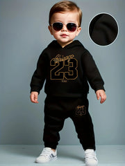 Baby boy long sleeved size 23 digital pattern fleece long sleeved hooded sweatshirt+long pants two-piece set suitable for casual