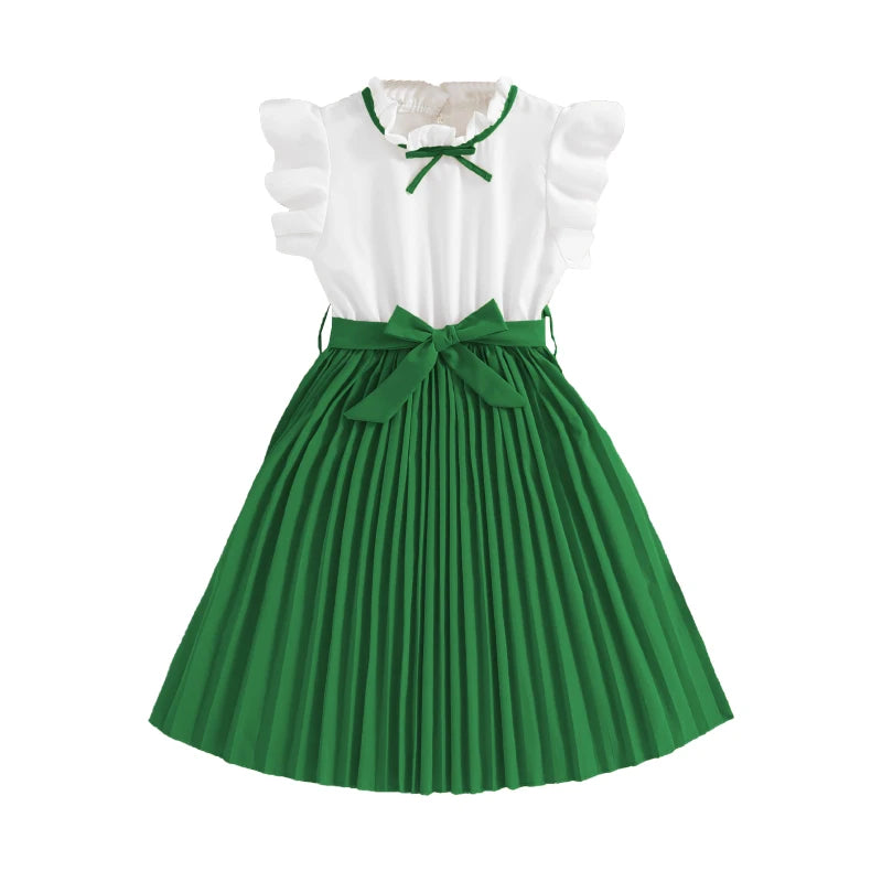 Kids Dress For Girls White Petal Sleeves Pleated Khaki Skirt &Bow tie Preppy Style Elegant Birthday Party Clothes For 8-12 Years