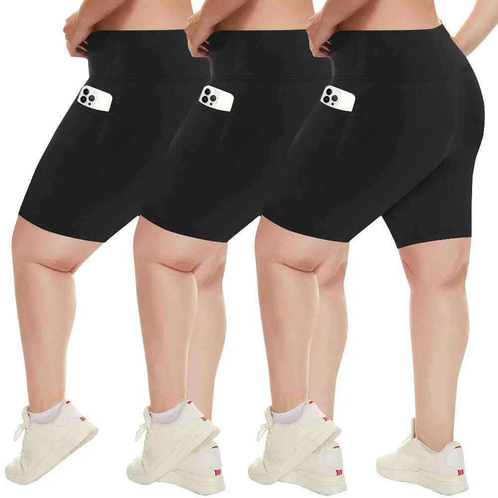 Plus Size Fit Yoga Shorts for Women's High Waist Side Pocket Workout Running Tight Stretchy Athletic Summer Fashion Slim Shorts