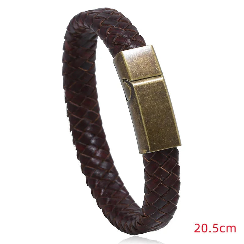 New Men Jewelry Punk Brown Braided Leather Bracelet for Men Stainless Steel Magnetic Clasp Fashion 20.5cm Bangles Gifts