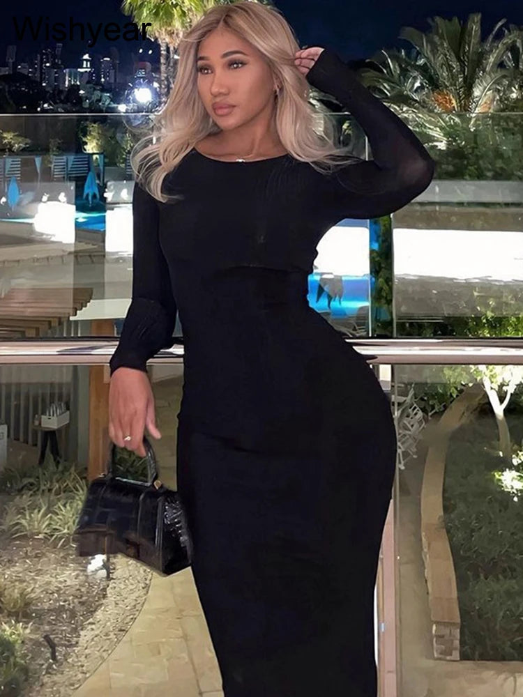 Formal attire Dresses: Elegant Solid Knitting Ribbed Evening Dresses For Women Clothes