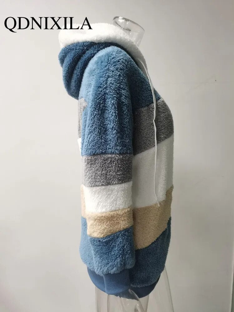 Warm Plush Zipper Pocket Hooded Loose Jacket Women Hoodie Oversize Coats Hooded