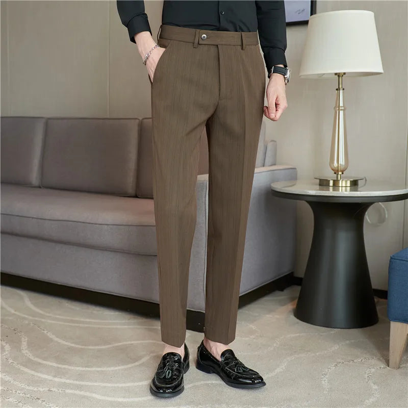 Men Stripe Suit PantsColor-woven Textured Trousers Slim Fit Dress Pants