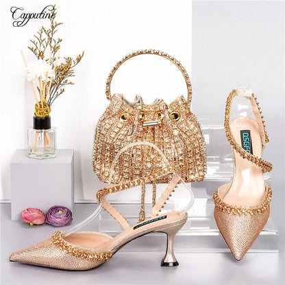 Gold Shoes And Bag Set For Women Luxury Ladies Pumps Match With Handbag Sandals Purse Clutch Escarpins Femme For Party QSL070