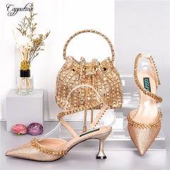 Gold Shoes And Bag Set For Women Luxury Ladies Pumps Match With Handbag