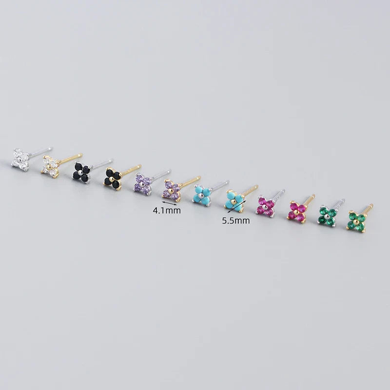 WANTME 925 Sterling Silver Romantic Color Zircon Three-petal Flower Stud Earrings for Women Fashion Huggies Piercing Jewelry