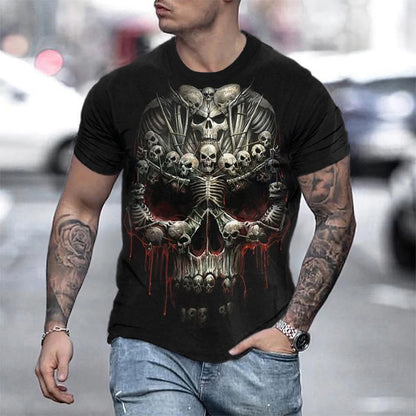Men's Black Street Style T-shirt 3D Gothic Skull Printed Round Neck Short Sleeve Halloween Fashion Casual Top
