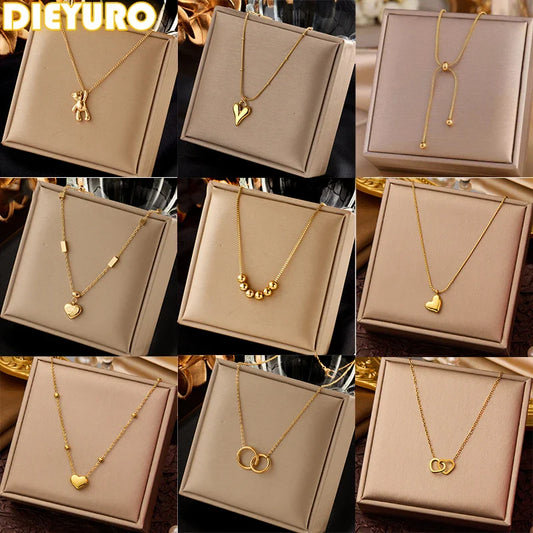 DIEYURO 316L Stainless Steel Simple Heart Love Circular Tassel Necklace Lady Trend Fashion Clavicle Chain Jewelry Glamorous Gift