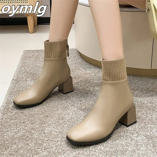 High Heel Women's Short Boots Simple Splicing Square Head Thick Heel