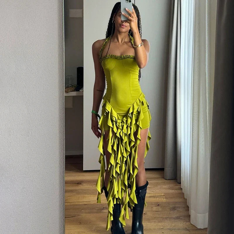 Hugcitar Elegant Halter Solid Ruffles Backless Taseel Sexy Slim Mini Dress Spring Women Cute Outfits Birthday Party Vacation