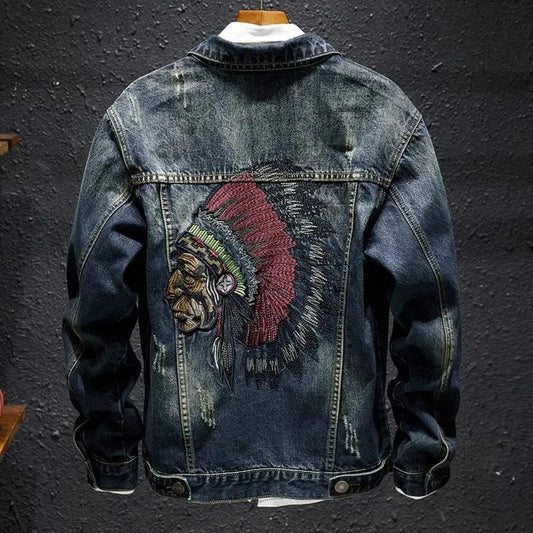 Men Fashion Denim Jacket Embroidery Ripped Slim Jeans Coat Spring Autumn