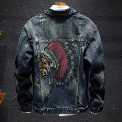 Men Fashion Denim Jacket Embroidery Ripped Slim Jeans Coat Spring Autumn