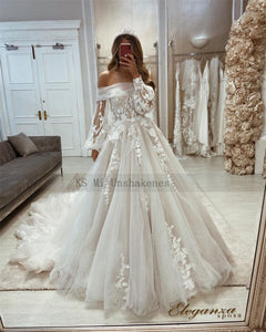 Boho Wedding Dresses Detachable Puff Long Sleeve Lace Bride Dress