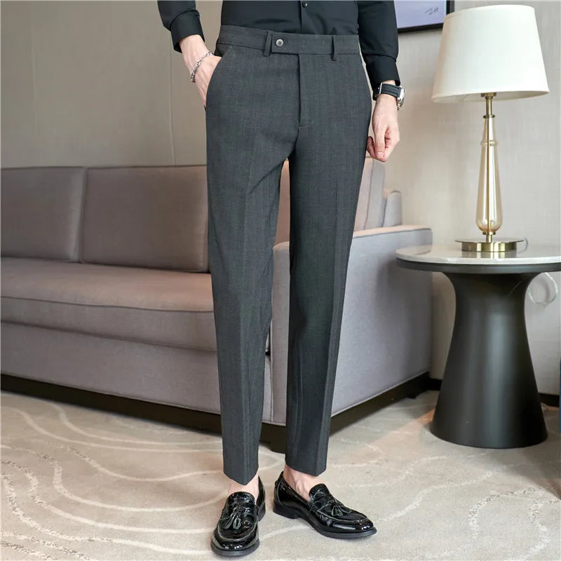 Men Stripe Suit PantsColor-woven Textured Trousers Slim Fit Dress Pants